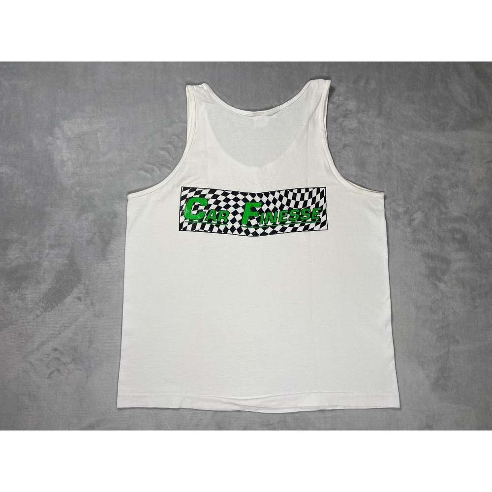 Vintage Fruit of the Loom Tank Top Men L White Car Finesse Checkered Flag Racing